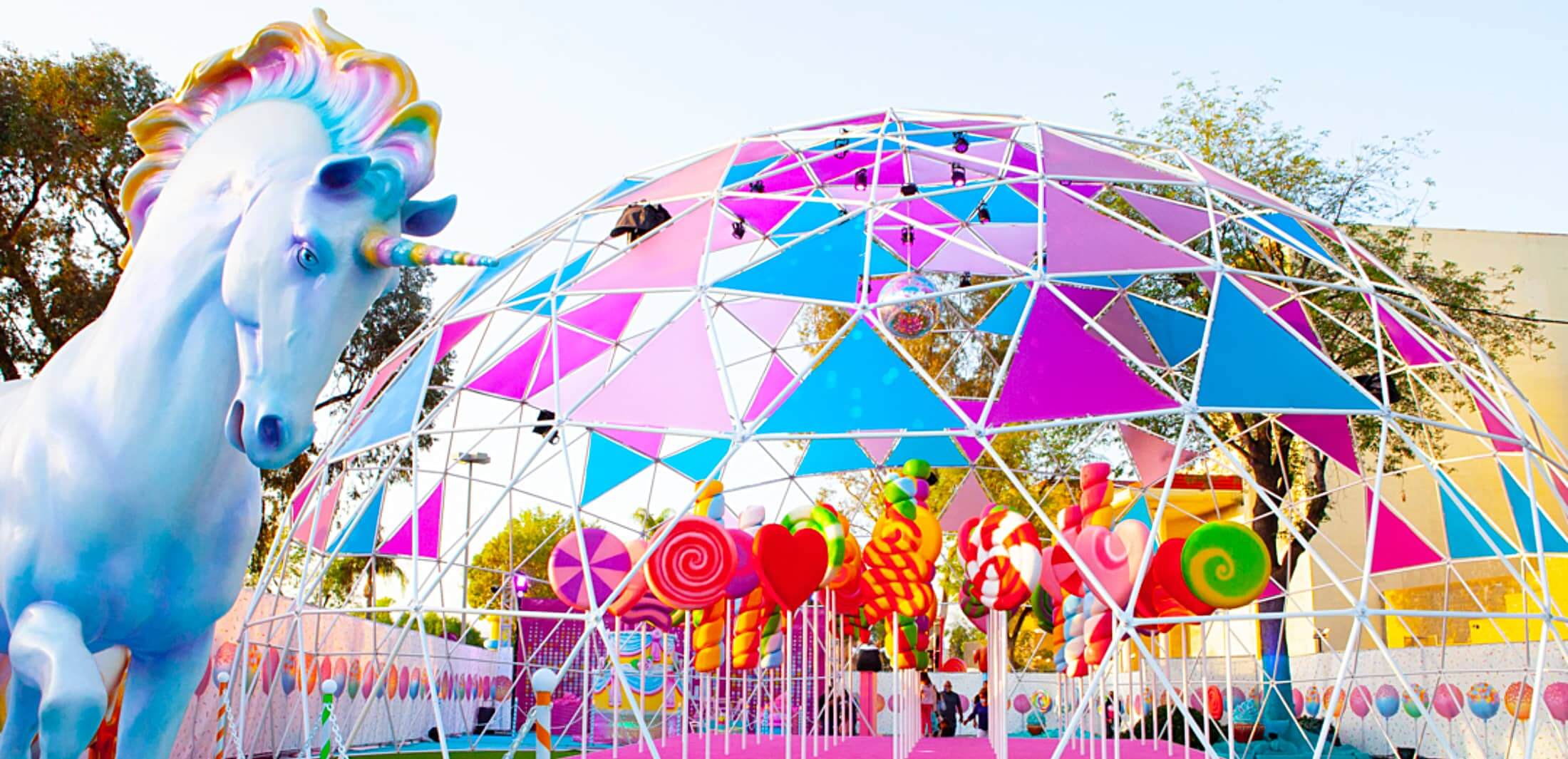 Colorful custom DomeGuys geodesic dome installation